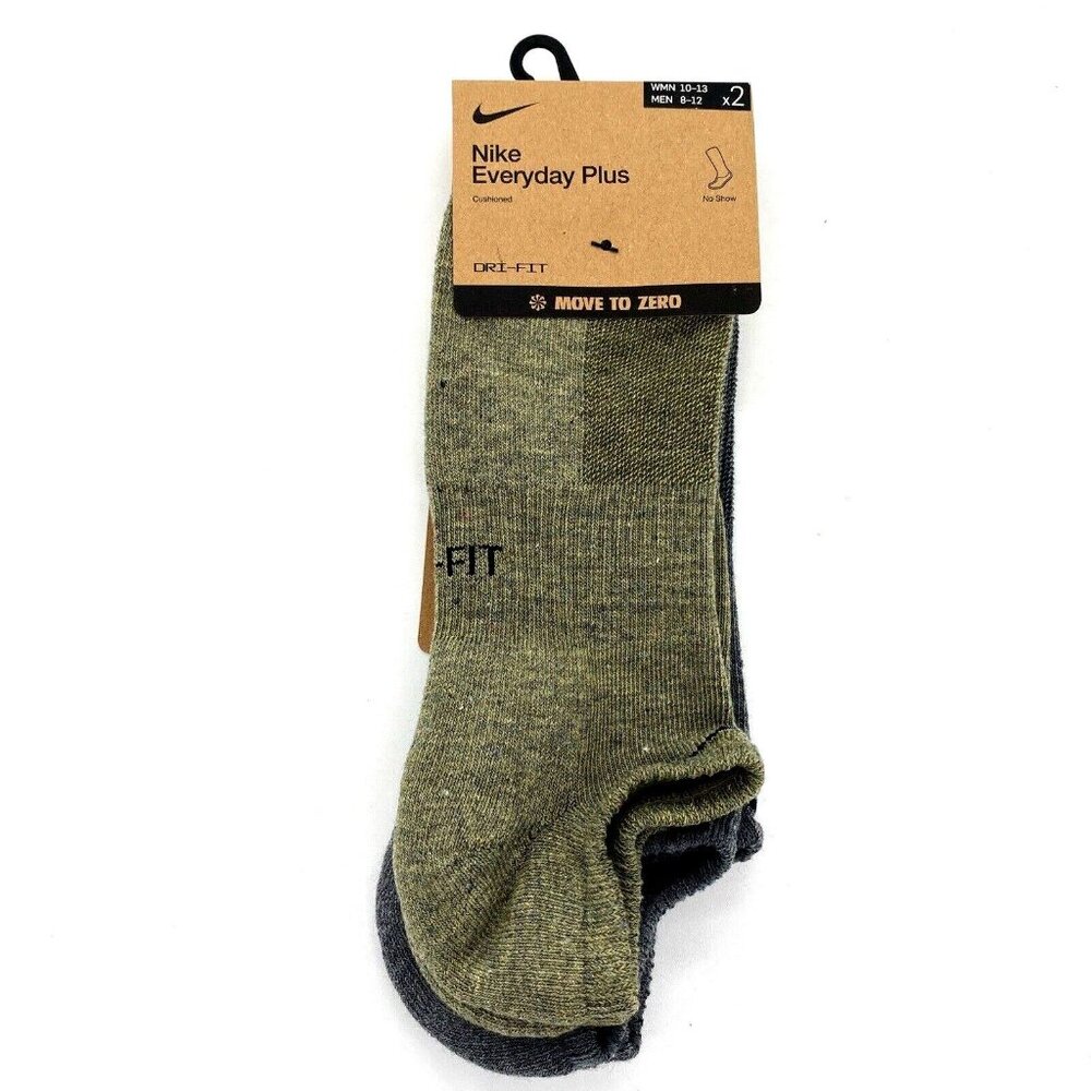 Men's Nike 2-Pack Everyday Plus Cushioned No-Show Socks (8-12) Green Heathr Grey